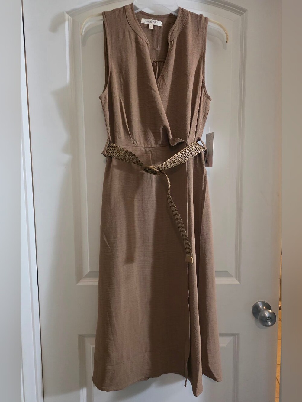 Sleeveless Wrap-Front Midi Dress in Taupe with Braided Belt